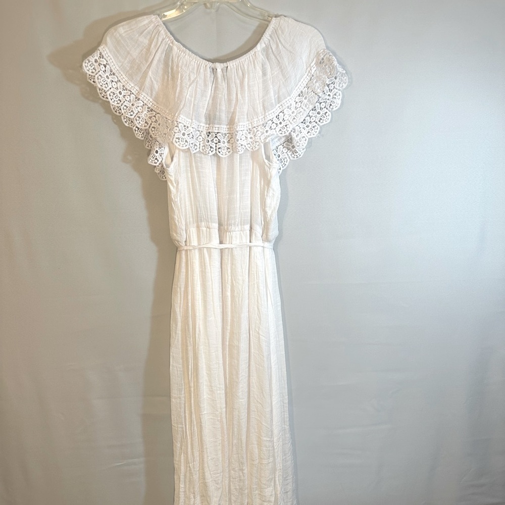Mille Gabrielle Off The Shoulder Lace Trim Maxi White Dress Belt Lined Size L - Picture 12 of 13
